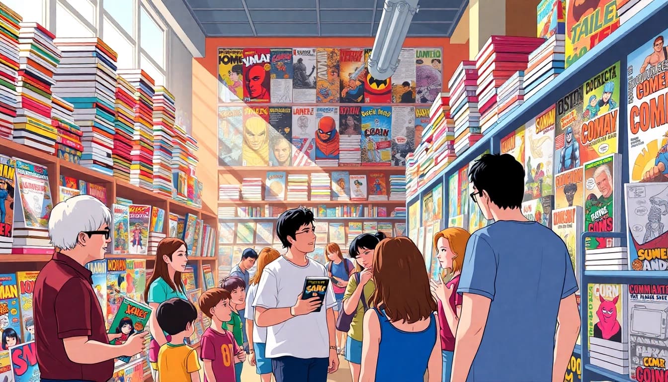 Pengunjung berinteraksi dalam toko komik, mengenal komikcast yang beragam dan menarik.