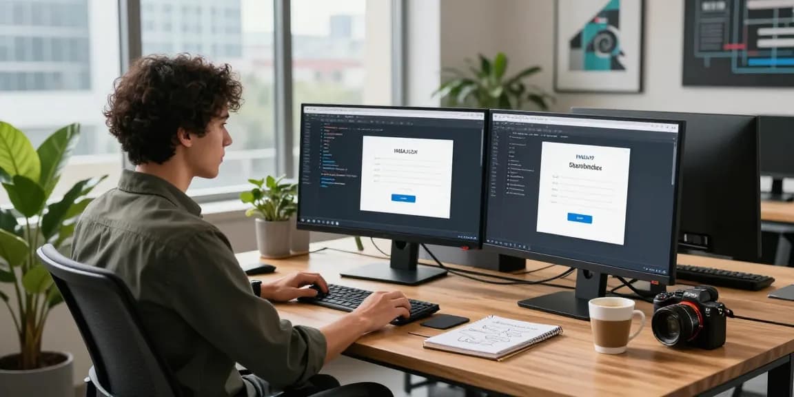 Menampilkan pengembang perangkat lunak yang bekerja dengan IMBAJP LOGIN di ruang kerja modern, dikelilingi oleh monitor dan peralatan teknologi.