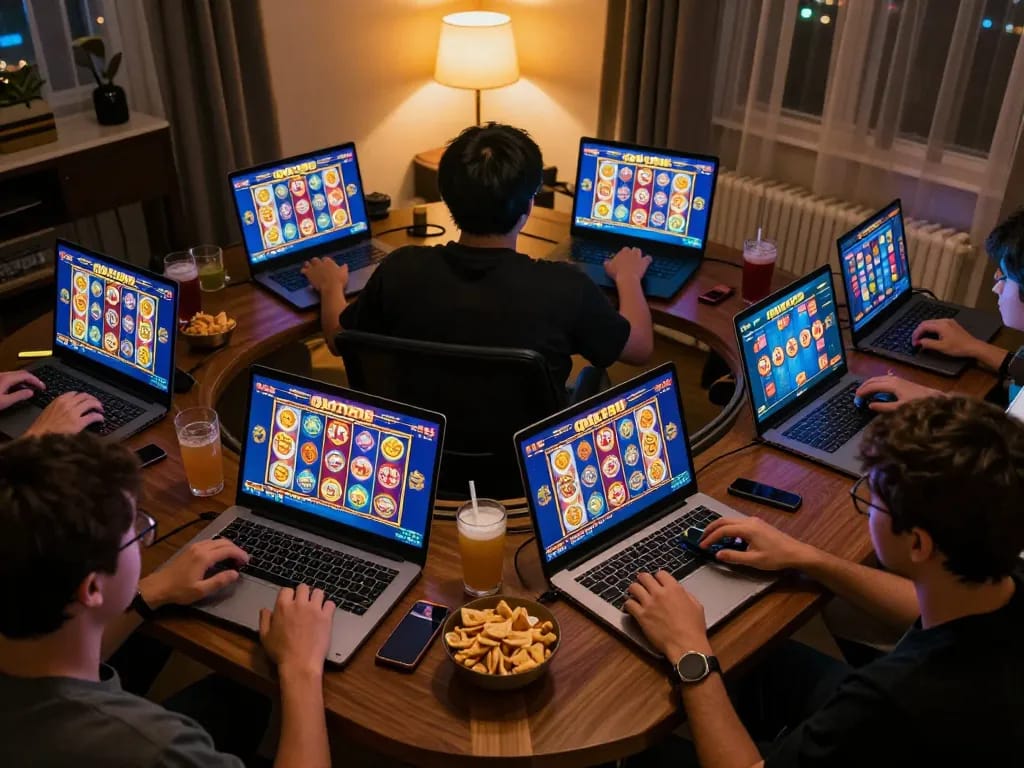 Pemain yang terlibat dengan permainan QQ188 Slot di berbagai perangkat, merayakan kemenangan dalam suasana rumah yang nyaman.
