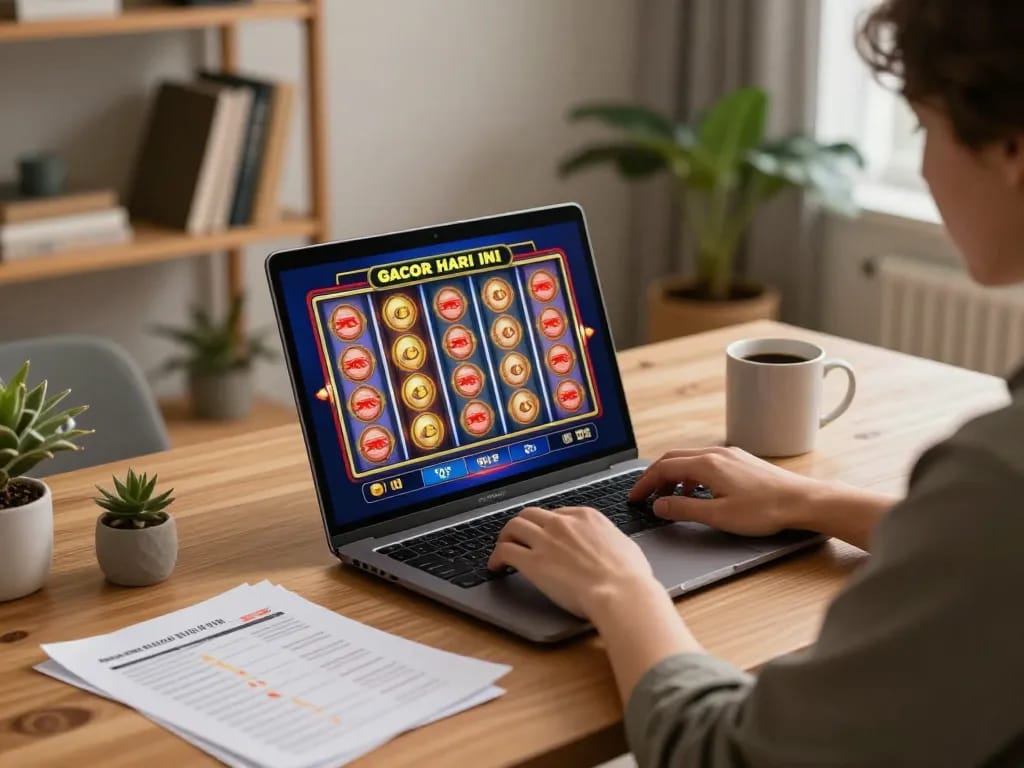Engaging in slot gacor hari ini on a laptop at home, with colorful reels and cozy atmosphere.