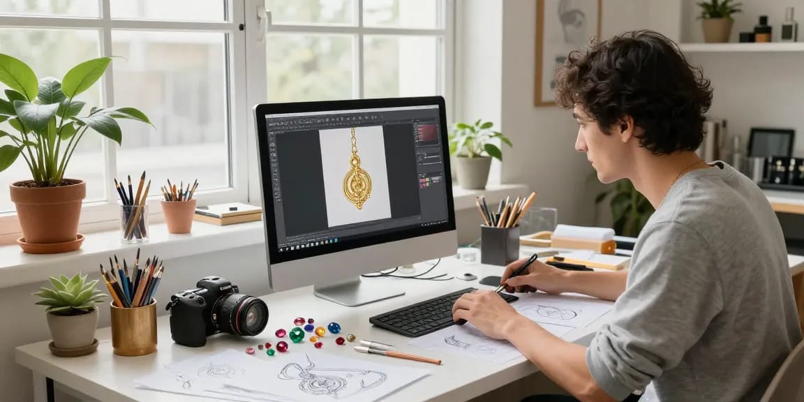 Proses desain perhiasan uangemas99 dengan alat dan bahan berkualitas tinggi.