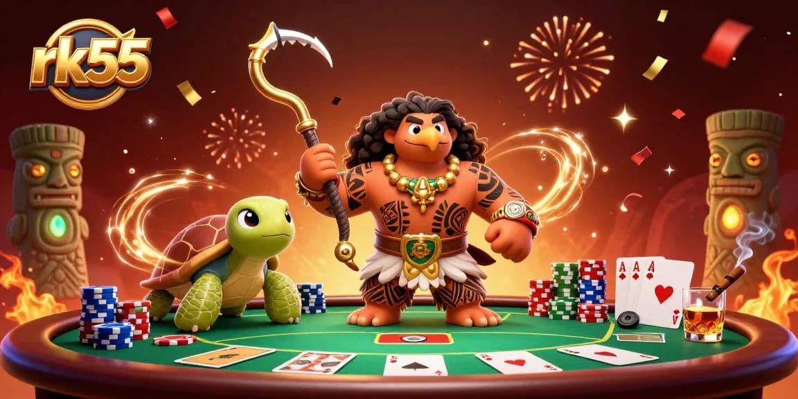 Experience thrilling action at rk55 with a majestic hawk and playful turtle surrounded by vibrant poker tables.