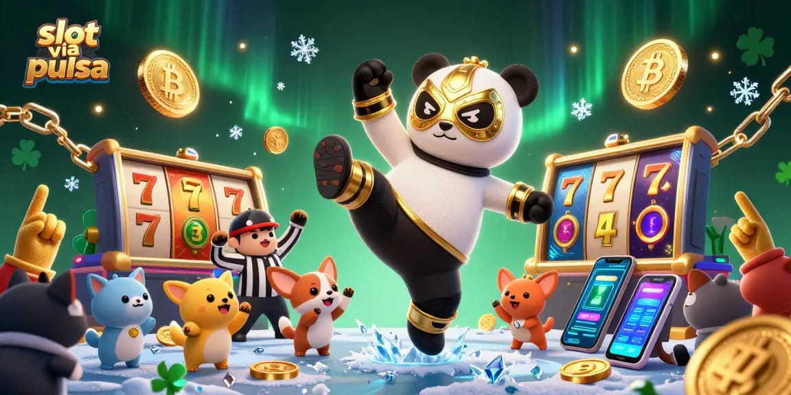 Spin to win with slot via pulsa at Kembartogel, a vibrant illustrated casino scene.