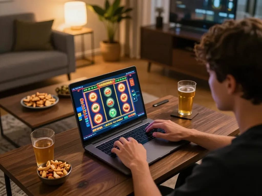 Engaged gamer experiencing LGOGOAL slot games on a laptop in a cozy home environment.