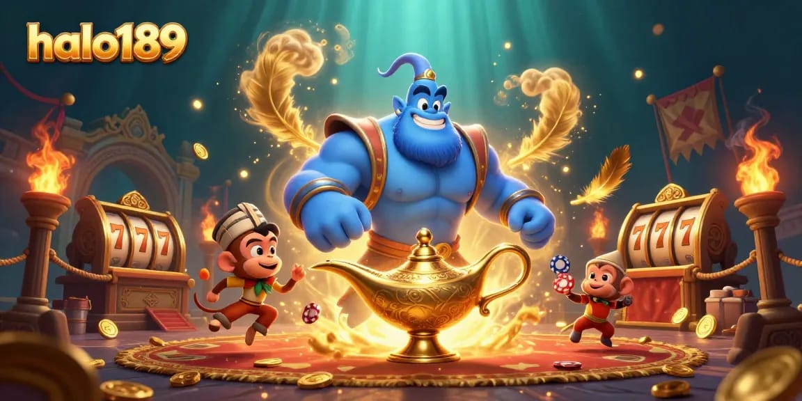 Experience the thrill at halo189 with a captivating scene featuring a genie and poker chips.