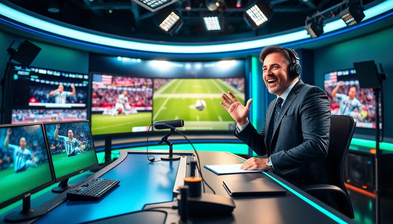 Engaging sports broadcasting studio setup showcasing vibrant action and technology.