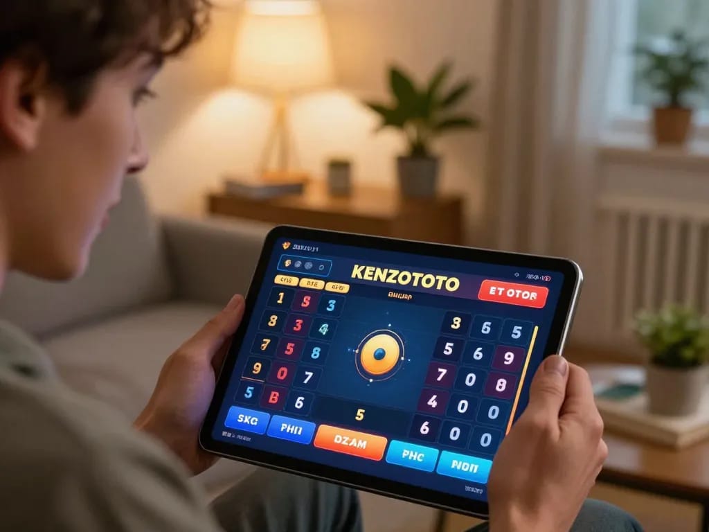 Pemain menikmati permainan KENZOTOTO yang mendebarkan di tablet di ruang tamu yang nyaman, menampilkan pengalaman perjudian online yang menarik.