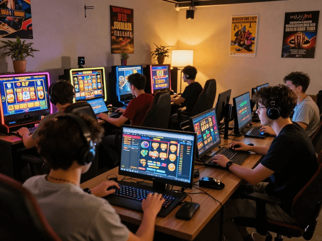 Players enjoying situs slot gacor in a lively gaming lounge, with vibrant slot machines in view.