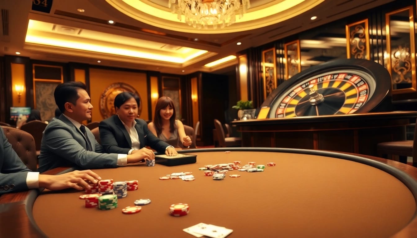 Engaged players at Nhà cái U888 experience high-stakes poker excitement with vibrant chips and elegant decor.