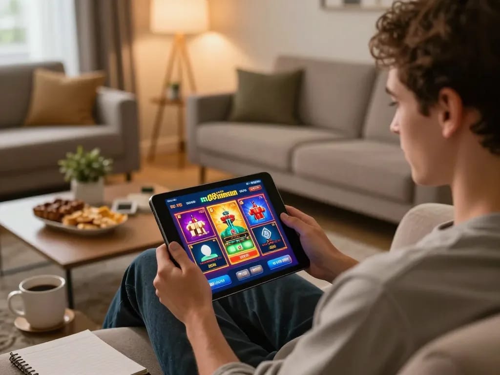 Pemain yang menikmati permainan mobile di aplikasi m88 mansion Indo dalam suasana ruang tamu yang nyaman, menekankan permainan strategis.