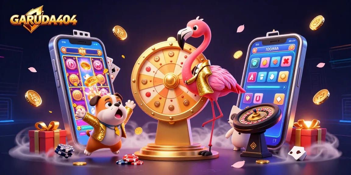 Win big with GARUDA404 in this exciting 3D illustration of a game show host, bulldog contestant, and prizes!