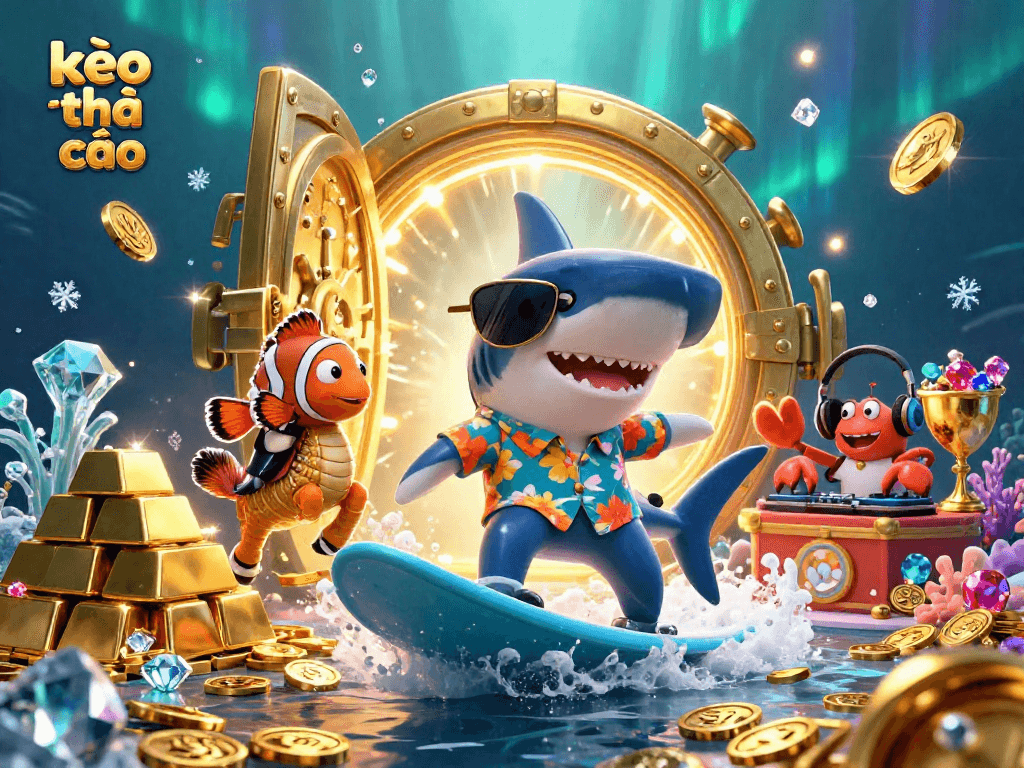 Experience kèo nhà cái strategies with a vibrant underwater casino scene featuring a shark, clownfish, and DJ crab.