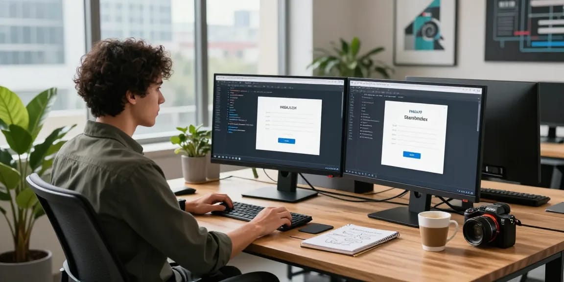 Menampilkan pengembang perangkat lunak yang bekerja dengan IMBAJP LOGIN di ruang kerja modern, dikelilingi oleh monitor dan peralatan teknologi.