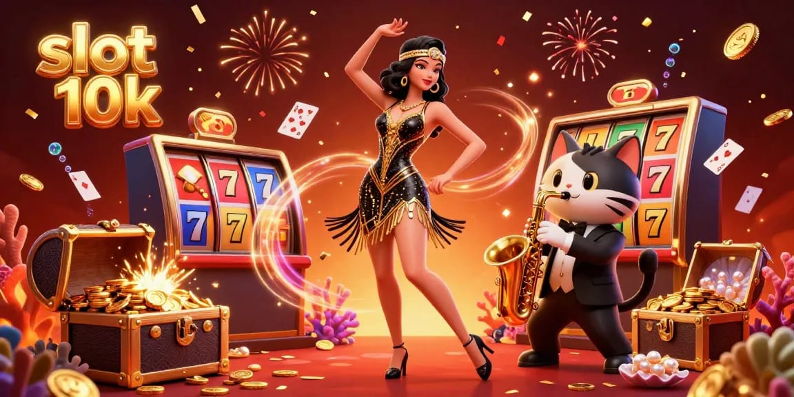 Spin the reels of slot 10k while enjoying the vibrant energy of a joyous casino scene.