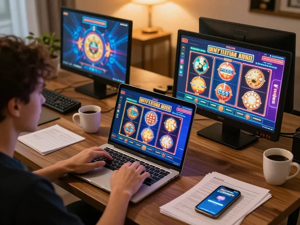 BAYITOTO user engaged in online slot gaming with colorful visuals and strategic notes