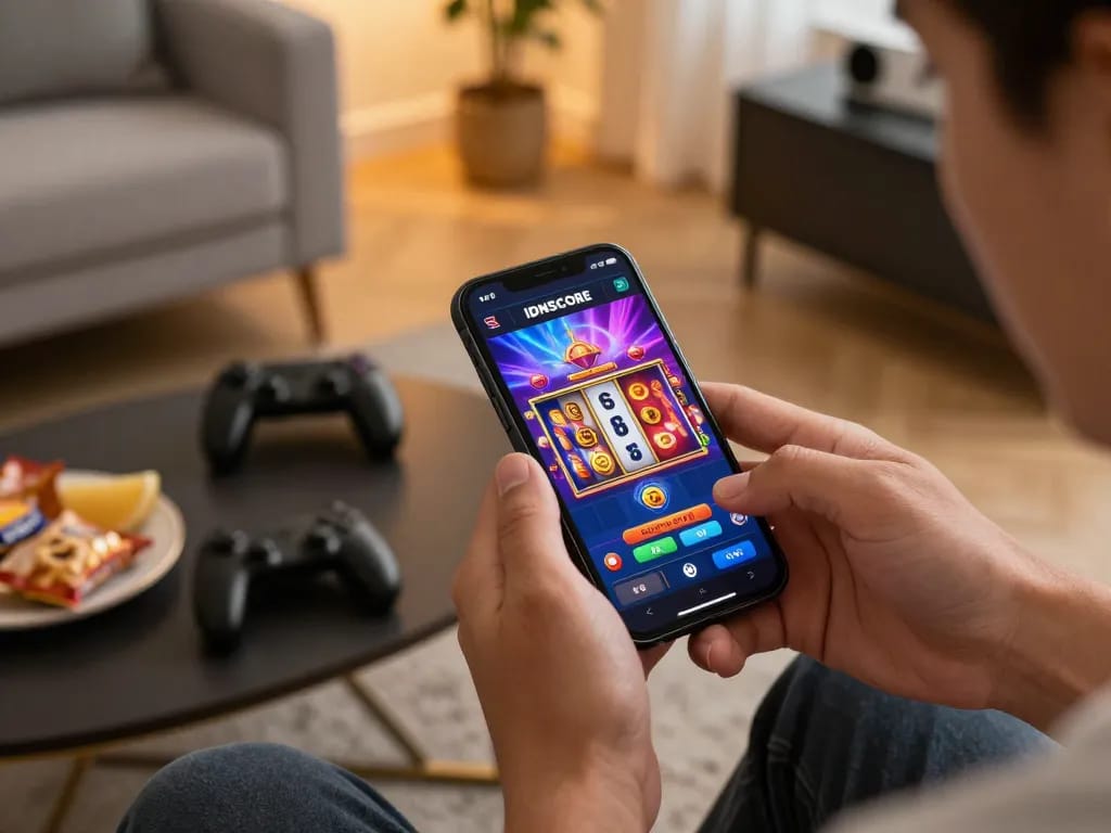 IDNSCORE gameplay on a smartphone showing exciting slots with vibrant graphics in a cozy home setting.