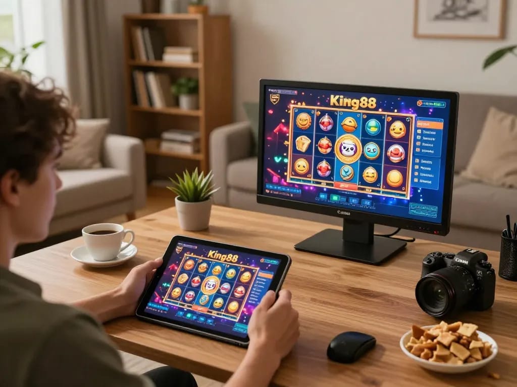 Player enjoying King88 slot games on a tablet in a cozy home environment