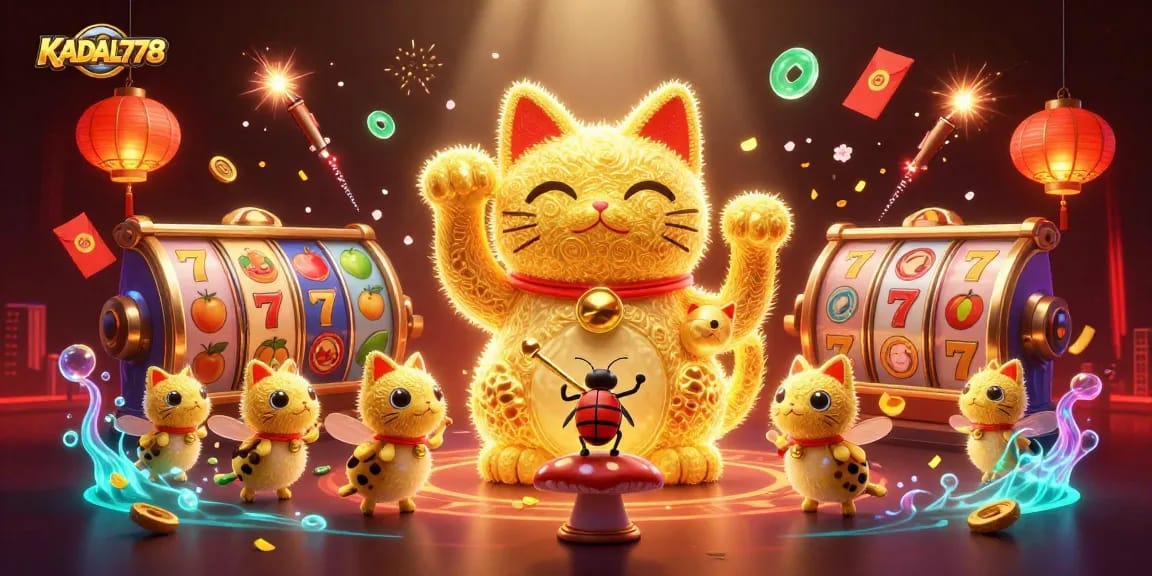 KADAL778 showcases a giant lucky cat animated by fireflies, surrounded by dynamic casino symbols for an engaging online gaming experience.
