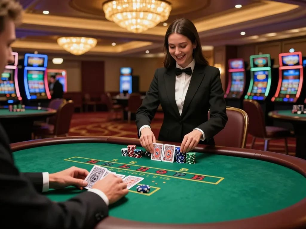Players enjoying blackjack at net88, highlighting an exciting winning moment with vibrant table setup.