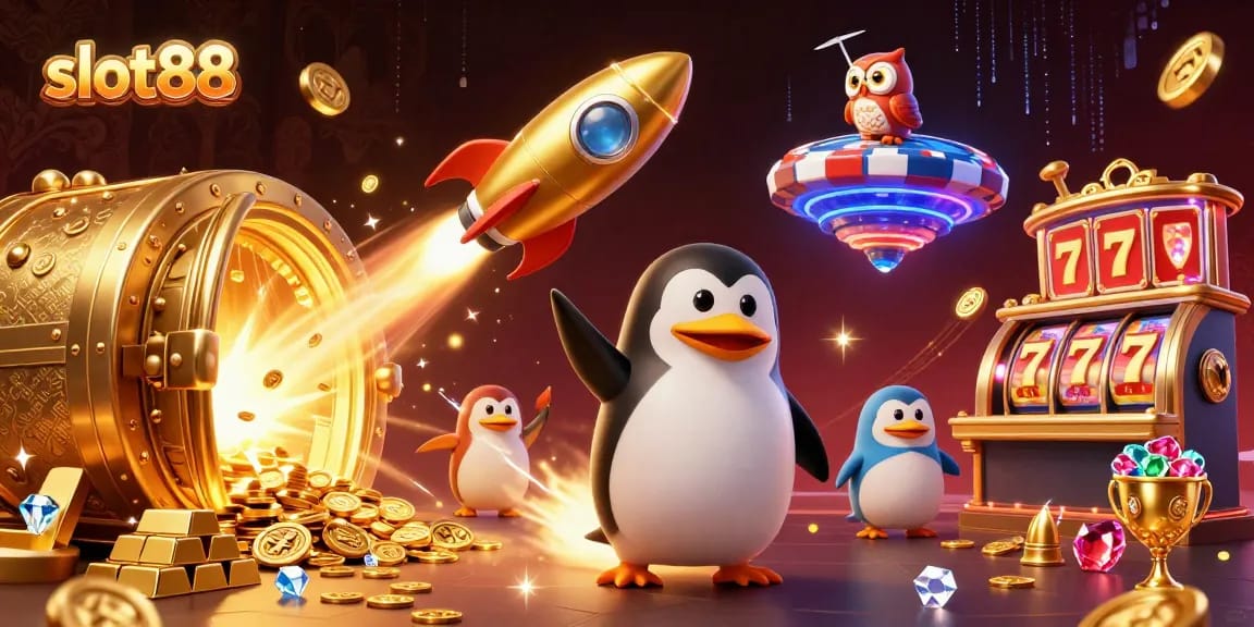 Slot88 menghadirkan petualangan megah dengan penguin emas yang menerbangkan koin dalam ilustrasi 3D di dunia kasino.