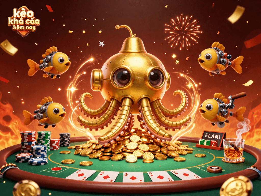 Engage with kèo nhà cái hôm nay through an illustrated scene featuring a kraken submarine and poker elements.