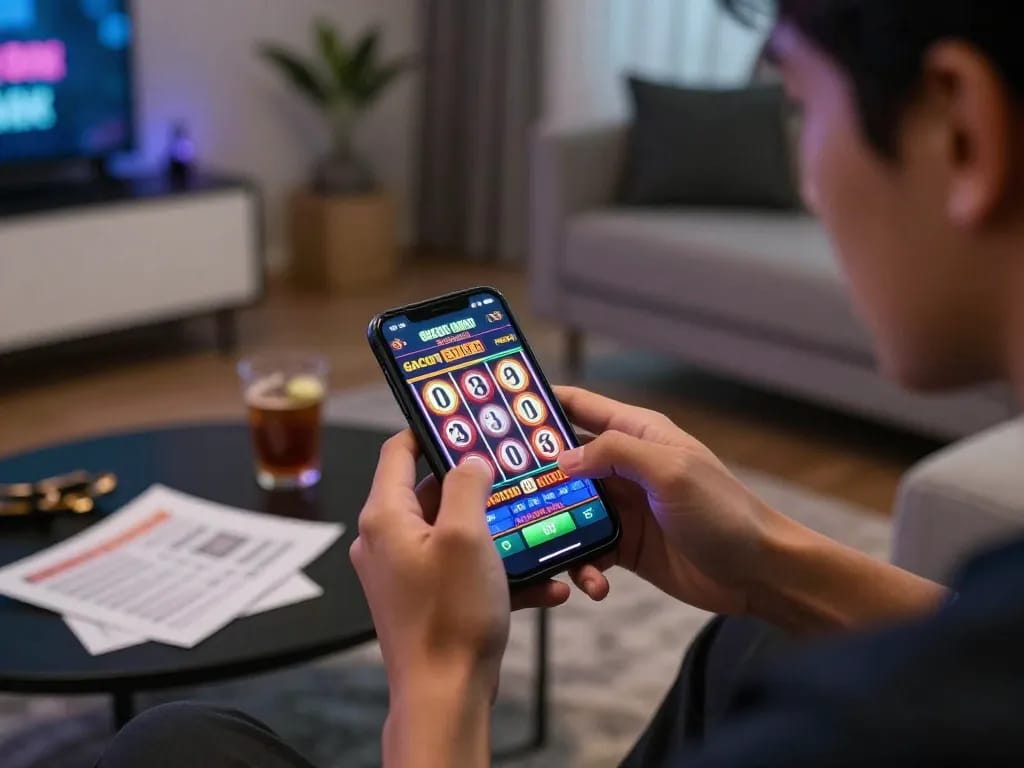 Engaging in slot gacor hari ini on a smartphone, showcasing vibrant gameplay and responsible gaming atmosphere.
