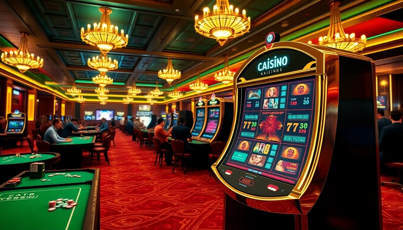 Players enjoying the Kaisar888 slot machine in an upscale casino setting, filled with excitement and luxurious decor.