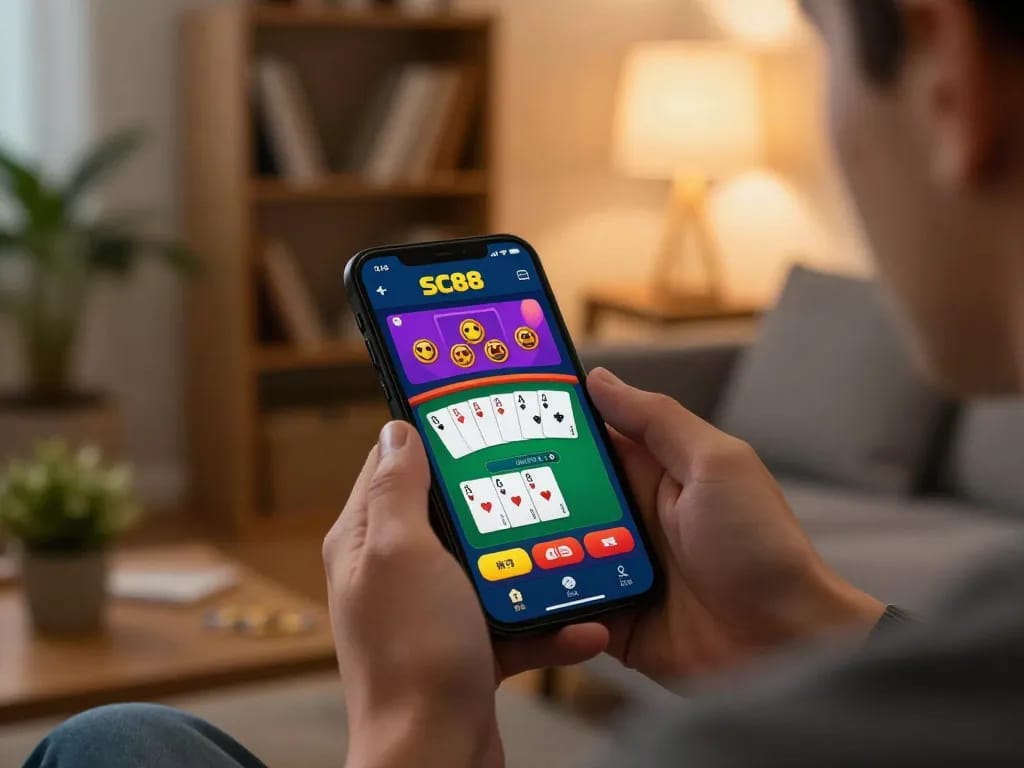 Player enjoying SC88 app on smartphone in cozy living room for responsible gaming.