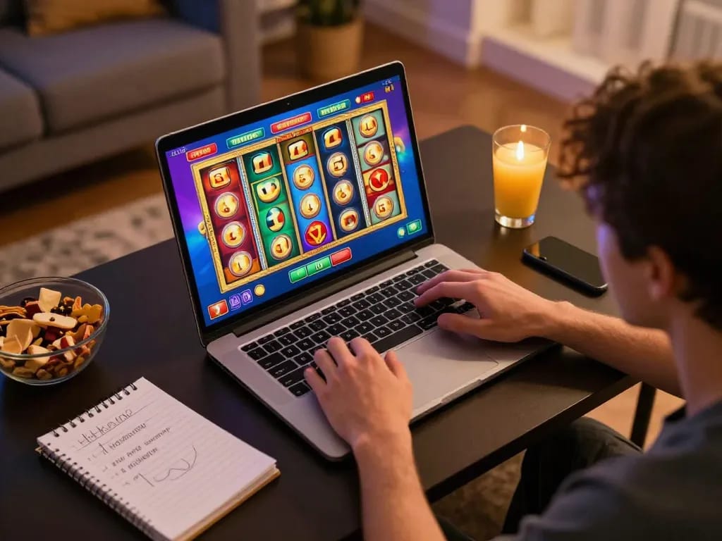 Bermain slot depo 5k online, menangkap kegembiraan dari gulungan berwarna yang berputar di laptop