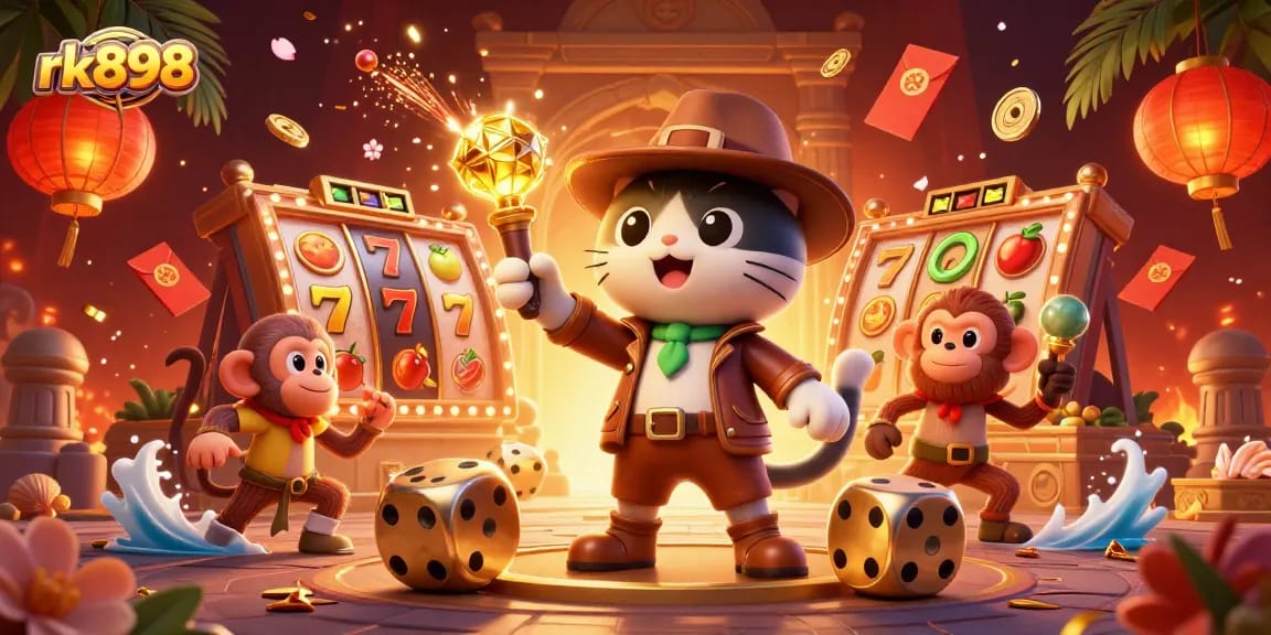 Experience the thrill of rk898 with stunning 3D cartoon casino visuals featuring lucky 7s and golden artifacts.