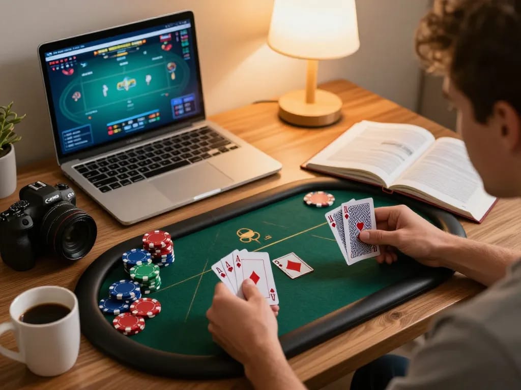 Engaged player maximizing their tg88 poker strategy on a tablet during a cozy home gaming session.