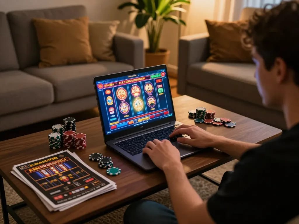 Menghampiri slot gacor gampang menang di rumah sambil bermain slot online di laptop, menciptakan suasana permainan yang nyaman