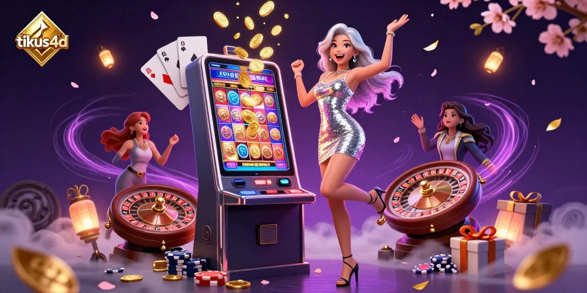 TIKUS4D offers exhilarating gameplay with golden coins and slot machine excitement in an engaging online casino scene.