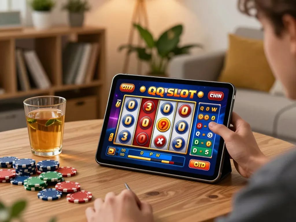 Engaging in QQ SLOT gaming on a tablet, showcasing vibrant screen with spinning reels and chips.