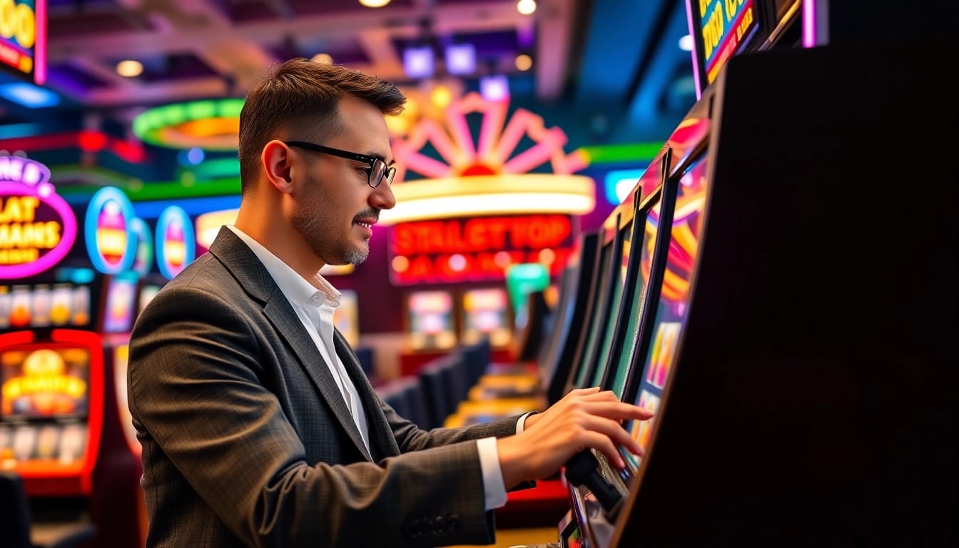 Mainkan slot gacor dengan petaruh yang bersemangat di mesin slot kasino yang cerah.