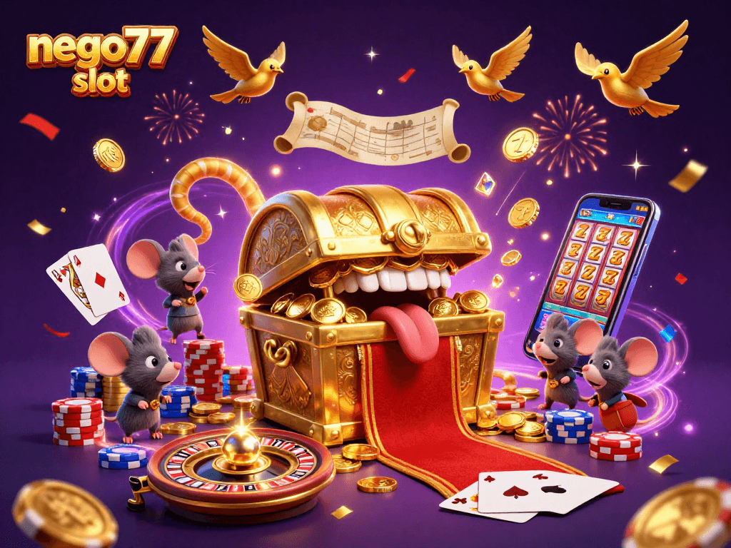 Spin the reels with nego77 slot in a vibrant casino scene filled with treasures and excitement.