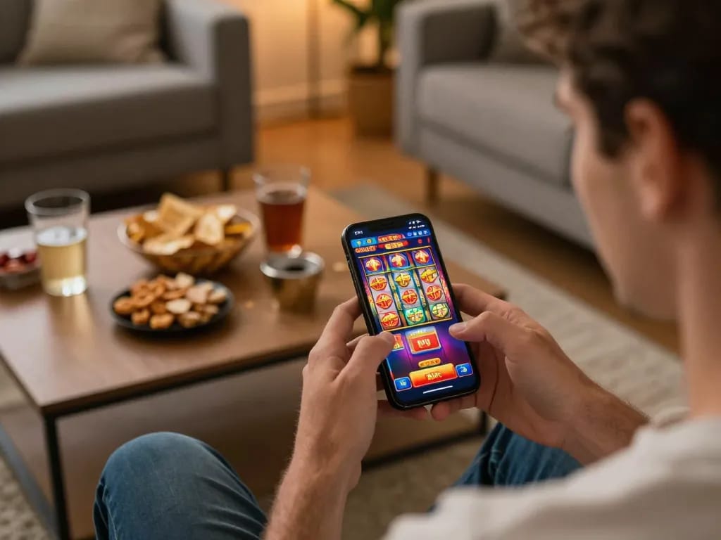 Engaging in slot online gameplay on a smartphone at home, showcasing excitement and strategic approach.