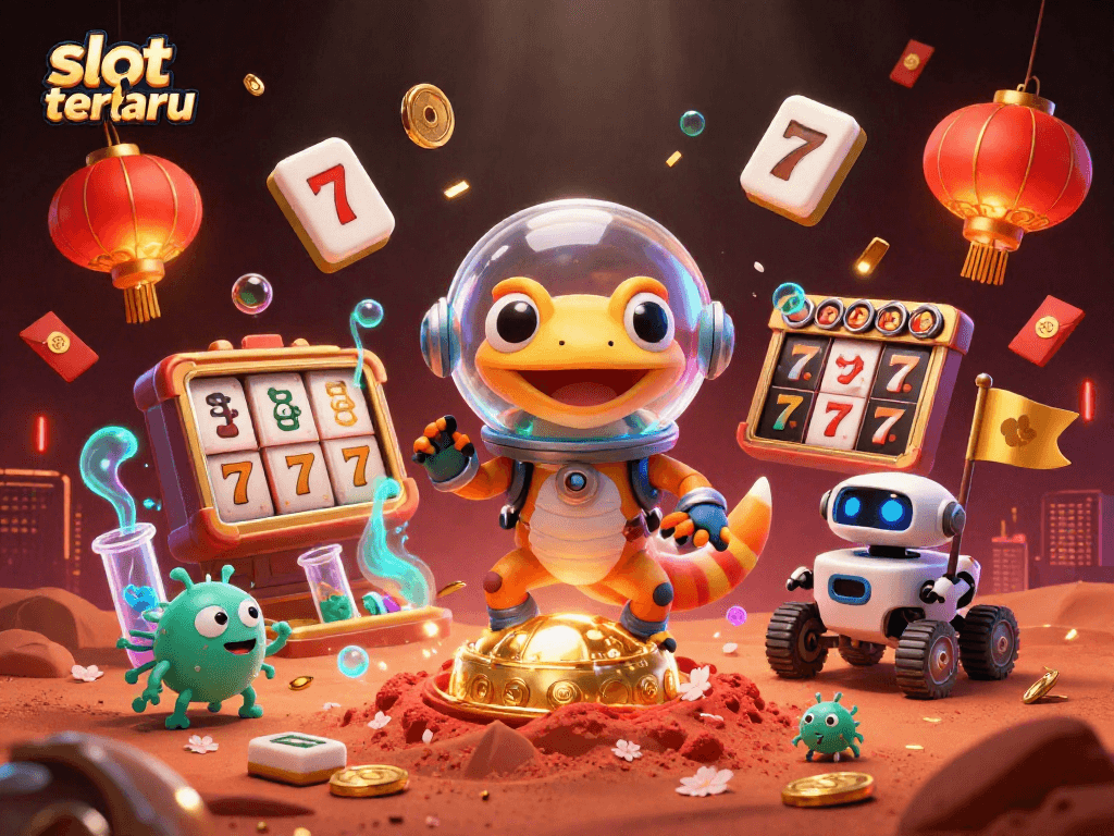 Experience the excitement of slot terbaru with vibrant 3D illustration featuring fun Martian characters and casino elements.
