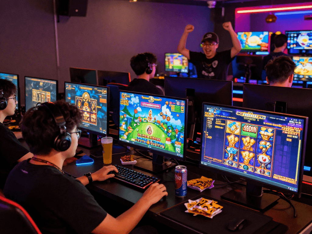 Players enjoying slot gacor games in a vibrant online gaming atmosphere, celebrating wins and engaging with exciting visuals.