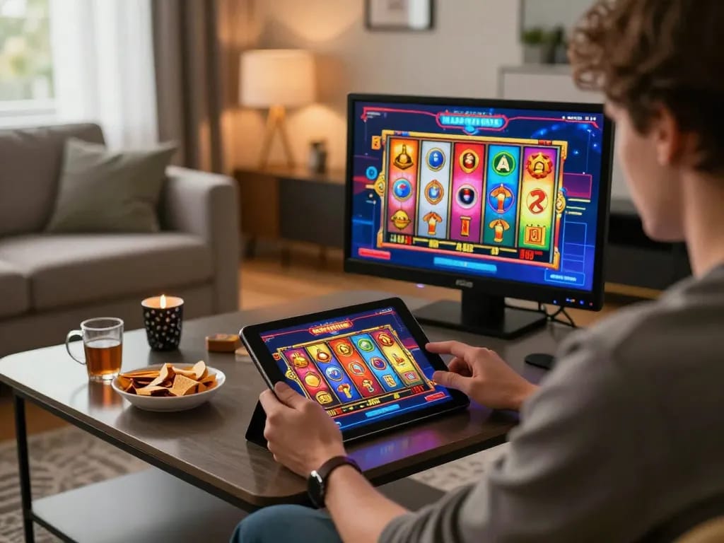 Join the action at OKESLOT with vibrant online slot gameplay in a cozy home setting