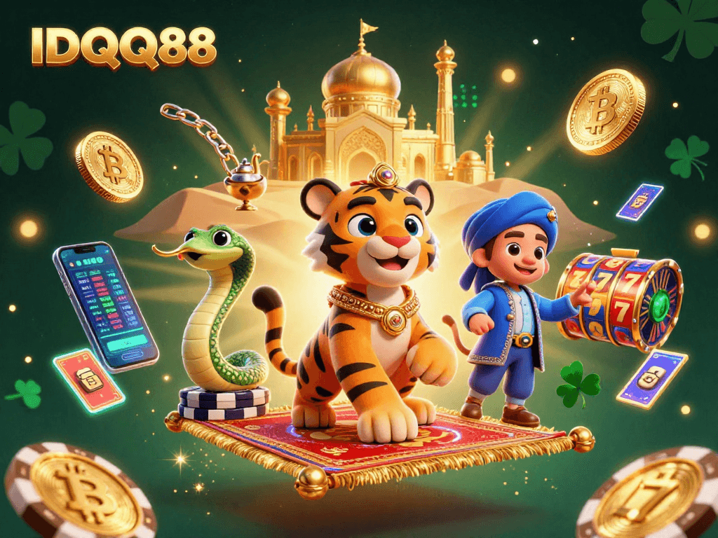 Experience the magical world of IDQQ88 with a sultan, genie, and vibrant slots!