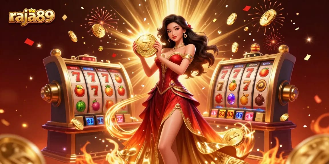 Experience big wins with raja89 in this vibrant casino scene showcasing slot reels and golden coins.