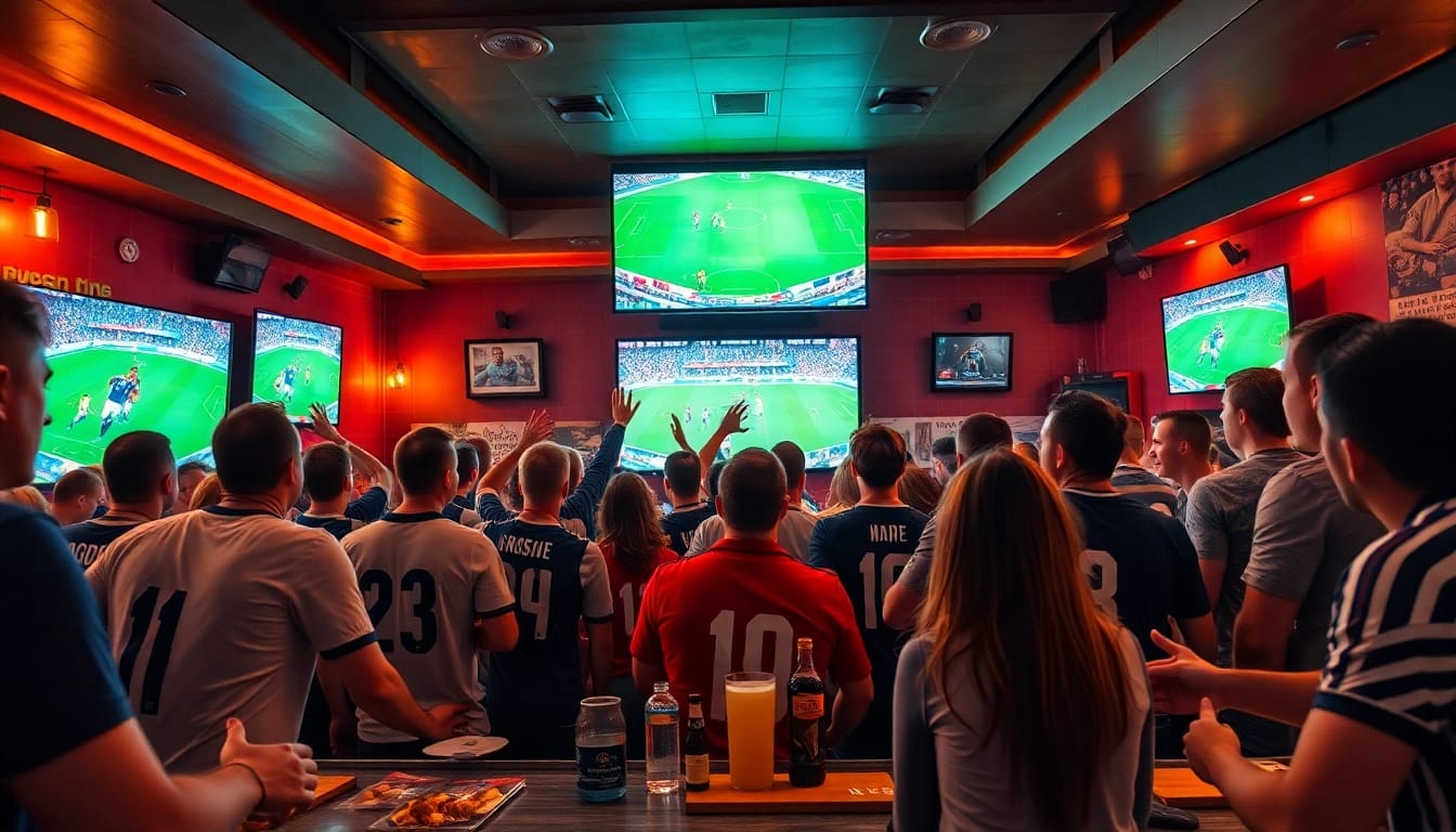 Savor the excitement at https://socolive.spot/ with fans enjoying live soccer matches in a vibrant bar setting.