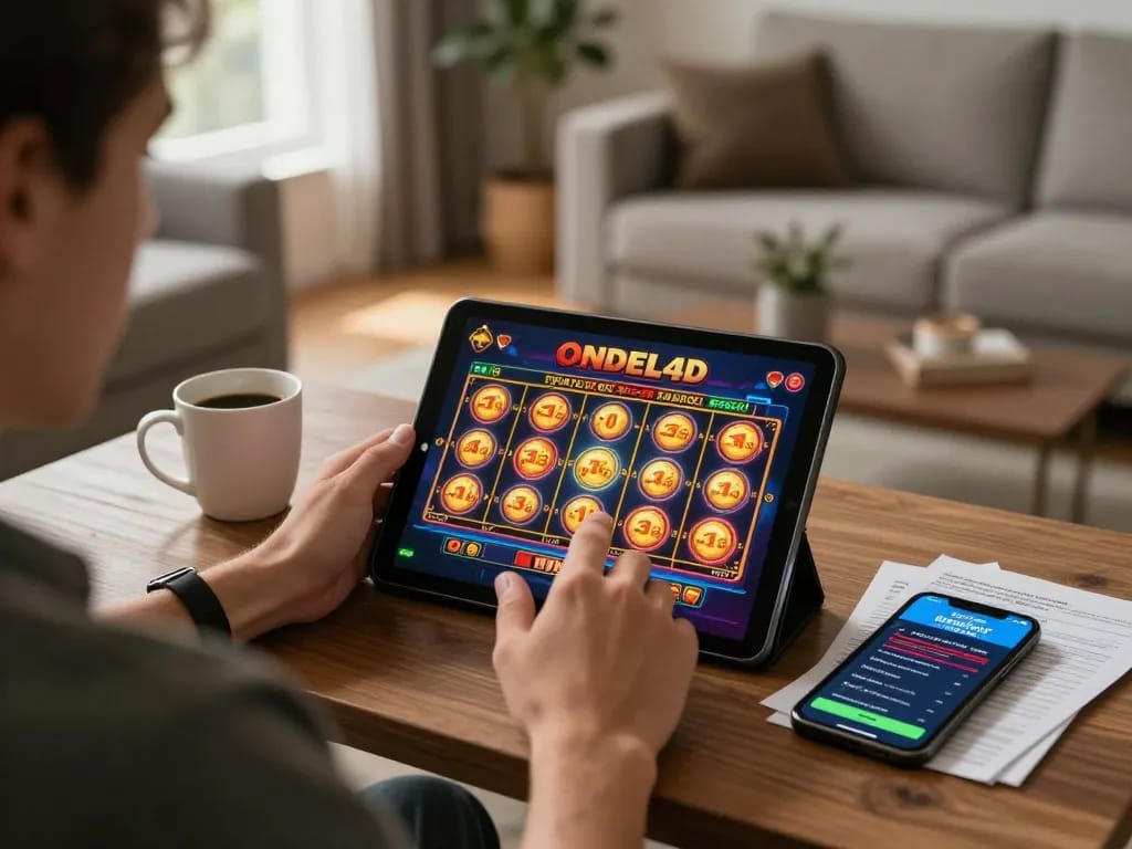 Pemain menikmati permainan slot ONDEL4D di tablet dalam suasana yang nyaman.