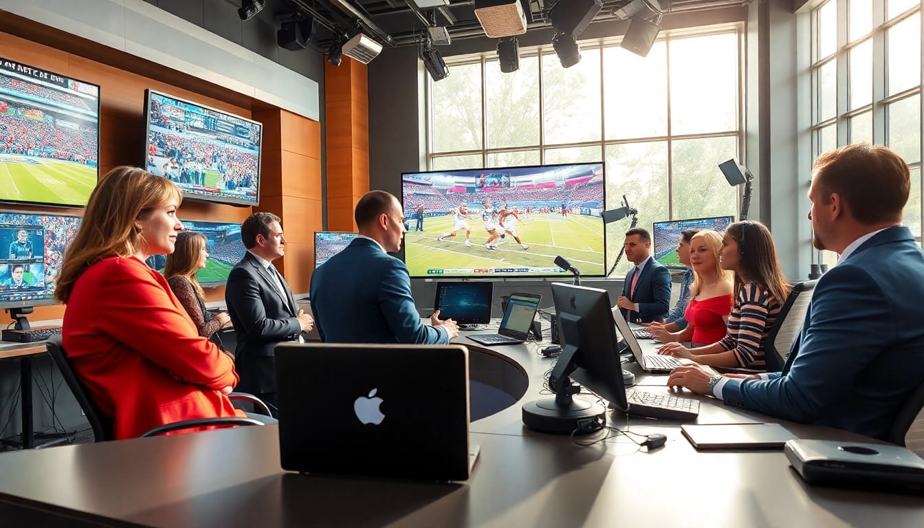 Dynamic scene of sports broadcasting with expert analysts discussing live events.