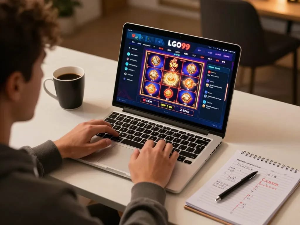 LGO99 player enjoying vibrant slot games during a cozy online gaming session