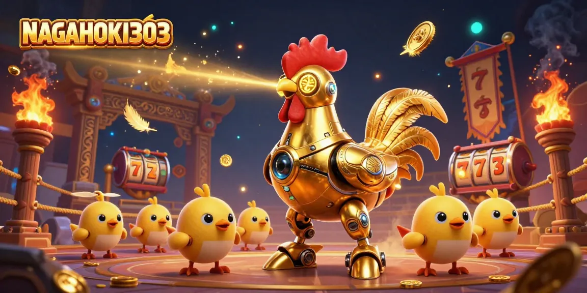 NAGAHOKI303 showcases a dynamic casino scene with a golden rooster robot and playful chick drones amidst swirling slot elements.