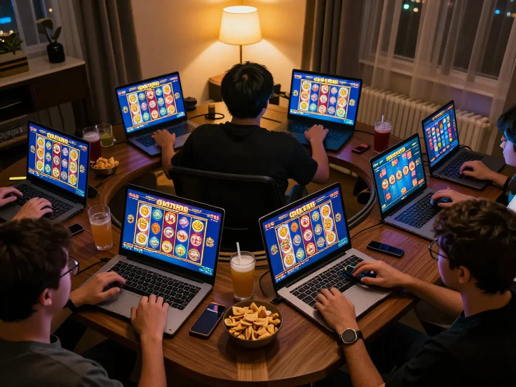 Pemain yang terlibat dengan permainan QQ188 Slot di berbagai perangkat, merayakan kemenangan dalam suasana rumah yang nyaman.