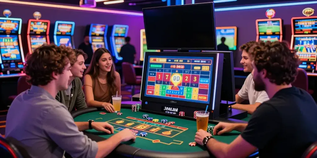 Group of friends enjoying 2up betting at a vibrant online casino.