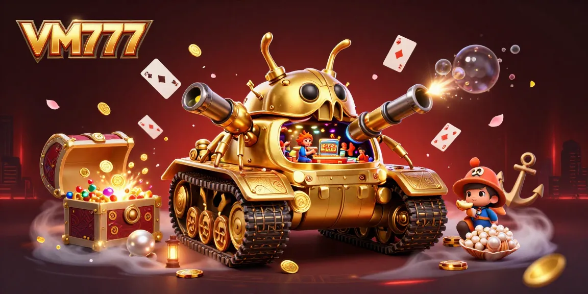Experience the thrill of VM777 with a dynamic cartoon casino scene inside a golden beetle tank.